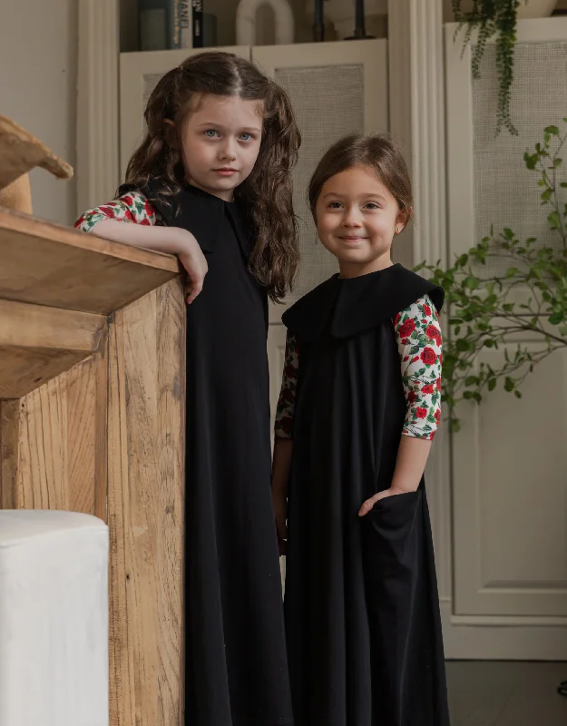 Girls Maxi Dress Shabbos Jumper with Large Split Collar Black