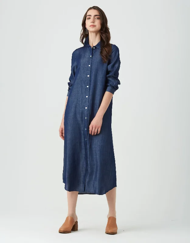 Denim Button Down Dress with Tabbed Sleeves Dark Blue