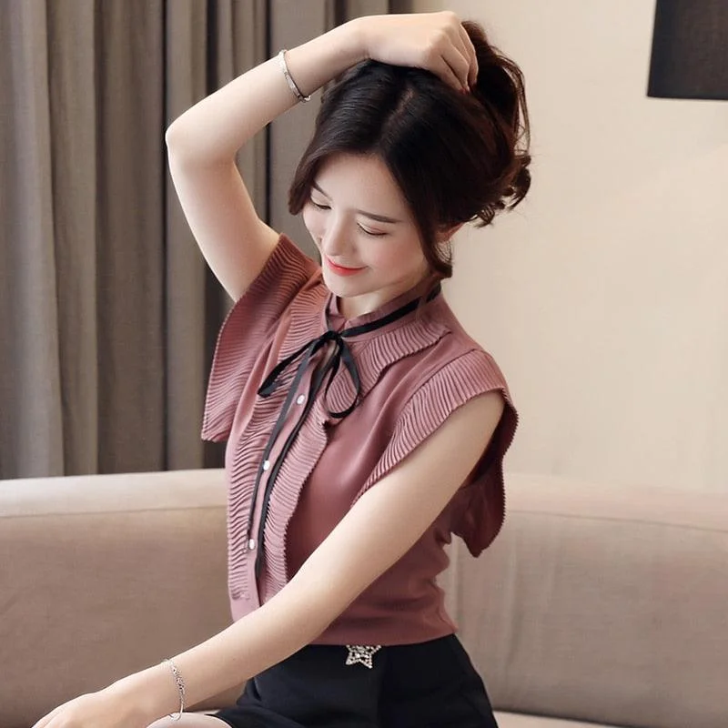 High-Fashion Short Sleeve TopsGreat Summer Tops - Short Sleeve Women Chiffon Blouse - Elegant Bow Tie Ruffles Casual Shirt (TB1)(TB2)