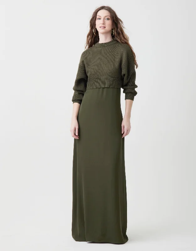 Lined Satin Sleeveless Maxi Crew Dress Shabbos Robe With Shaker Sweater Olive