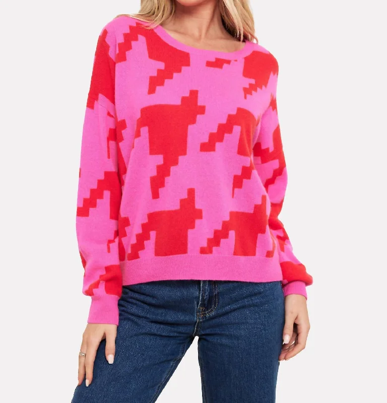 Hayley Houndstooth Crew In Diva PinkColorblock Knit Tops