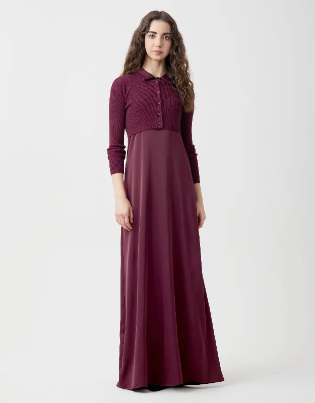 Lined Satin Sleeveless Maxi Shirt Dress Shabbos Robe With Ribbed Cardi Wine