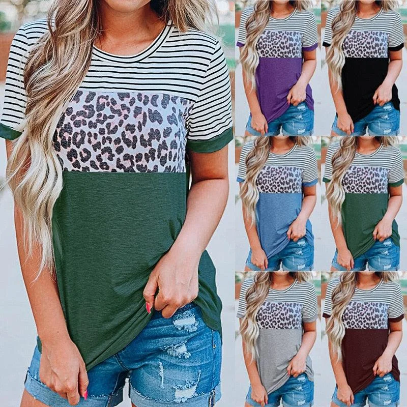 Skateboard Short Sleeve TopsGorgeous Women Summer O-Neck Short Sleeve T Shirts - Loose Sexy Leopard Stripe Lady Top - Plus Size (TB2)