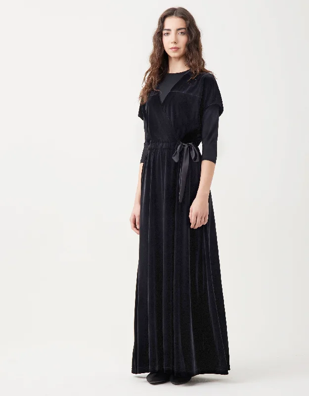 Velvet Faux Wrap Maxi Dress Shabbos Robe with Ribbon Tie Black