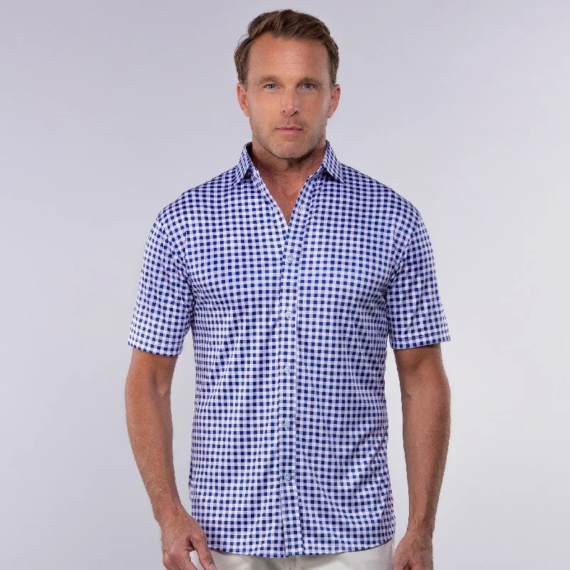 Branded Short Sleeve TopsQuattro Flex Short Sleeve Button Down Navy Gingham