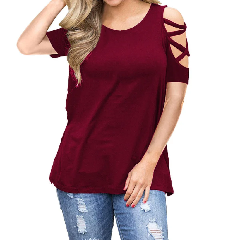 Velvet Short Sleeve TopsSolid O-neck Loose Summer T-shirts Women Casual Short Sleeve Hollow Out Plus Size Tees Female Vogue Simple Wild Tops Streetwear