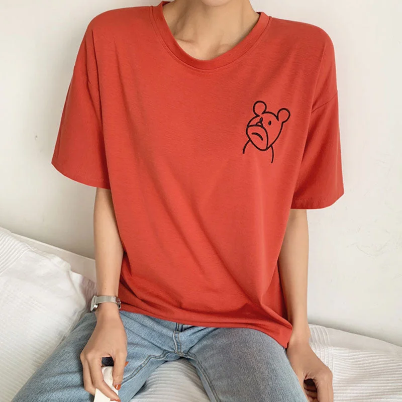 Blended Fabric Short Sleeve TopsSolid Embroidery Bear Loose Tops Women Vogue Casual Short Sleeve Plus Size Summer Tees Ladies Fashion Simple Wild T-shirts New