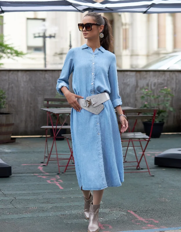 Linen Button Down Dress with Tabbed Sleeves Denim Wash