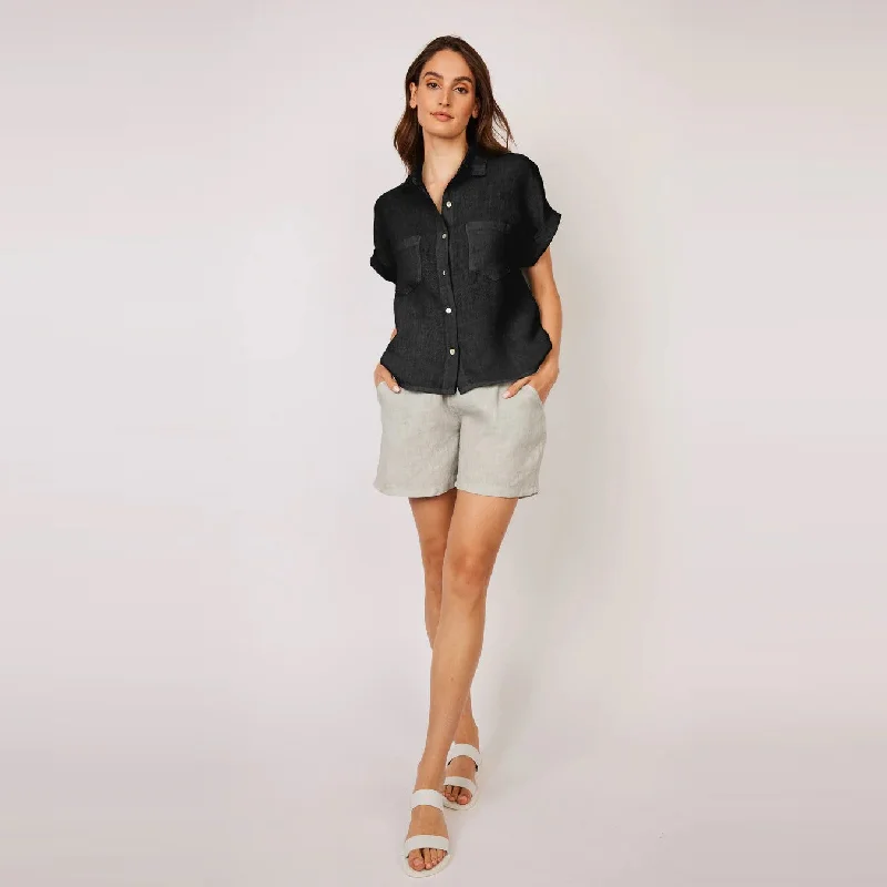 Graphic Short Sleeve TopsShort Sleeve Double Pocket Linen Blouse (Black)