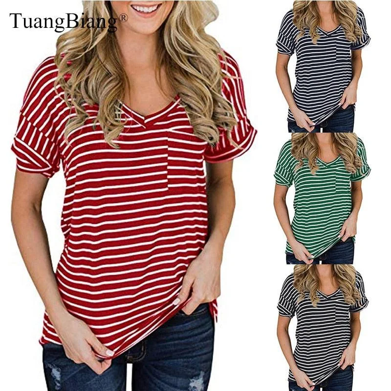 Branded Short Sleeve TopsSummer Casual Women Striped T Shirts - Femme Short Sleeve Pockets Autumn Tops - Ladies V-Neck - Plus Size (D19)(TB2)