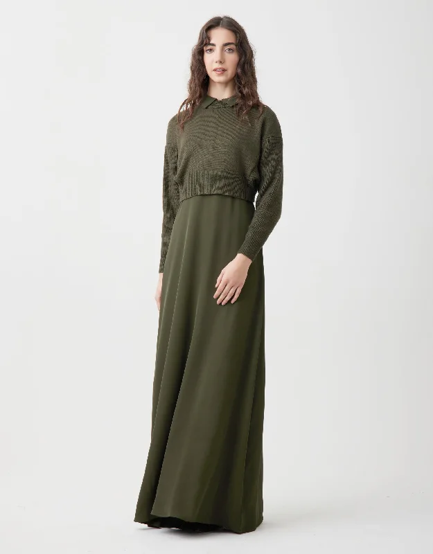 Lined Crepe Sleeveless Maxi Shirt Dress Shabbos Robe With Shaker Sweater Olive