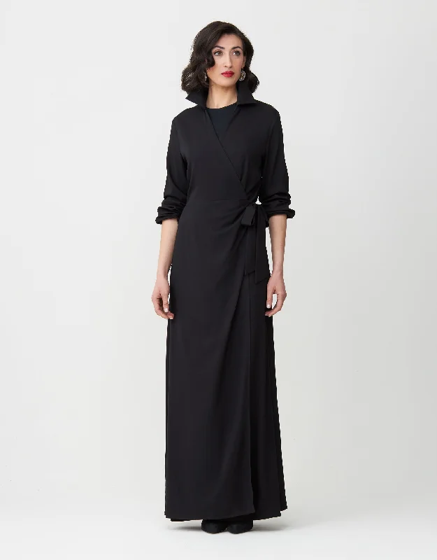 Rayon Mock Wrap Maxi Dress with Collar and Self Tie Bow