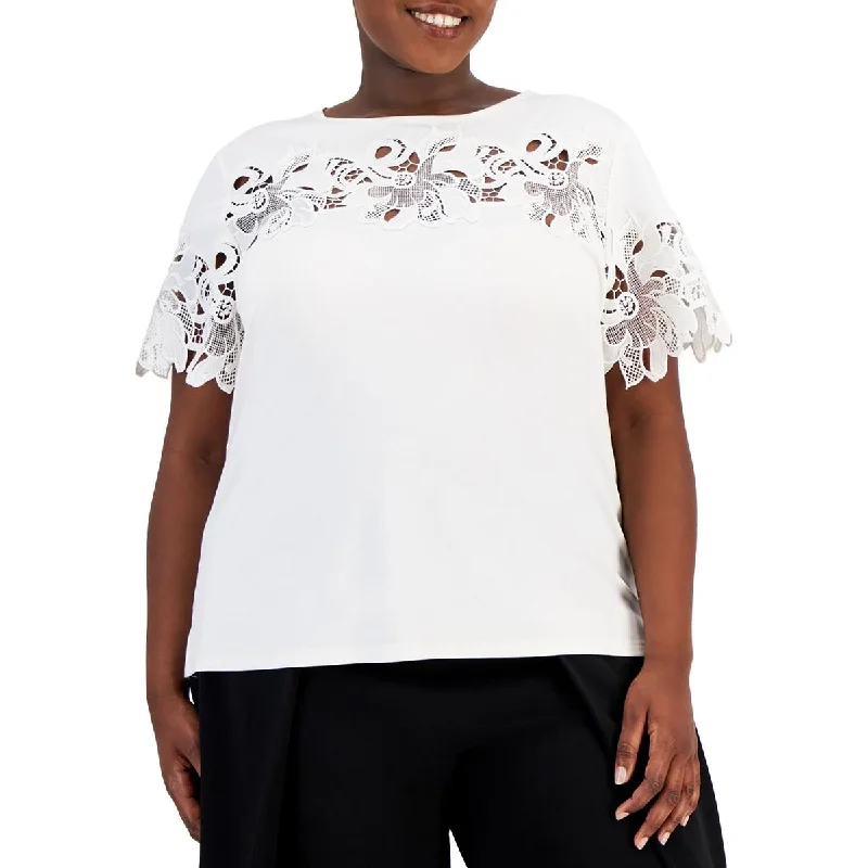 Recycled Fabric Short Sleeve TopsAnne Klein Womens Plus Lace Short Sleeve Pullover Top