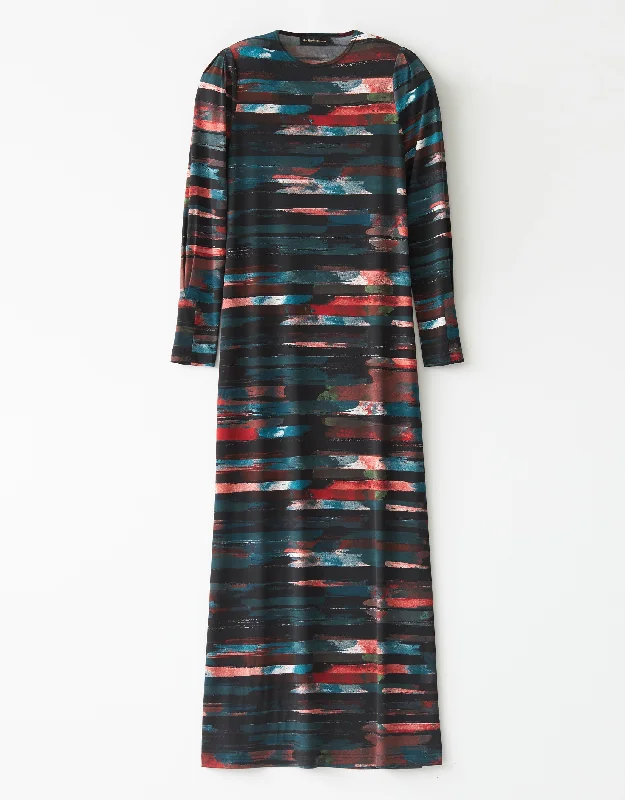 Stretch Jersey Maxi Dress Shabbos Robe with Horizontal Paintbox Stripes Teal