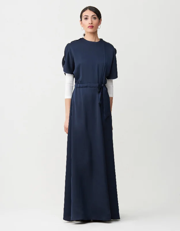 Satin Petal Sleeve Maxi Dress Shabbos Robe with Side Zip and Enclosed Self Tie Navy