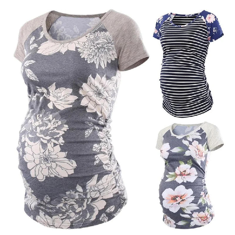 Band Merch Short Sleeve TopsGreat Pregnancy T-Shirt  - Casual Maternity Tops - Maternity Print Striped Top - Short Sleeve - Tee Summer Maternity Clothes   (1U4)(Z1)