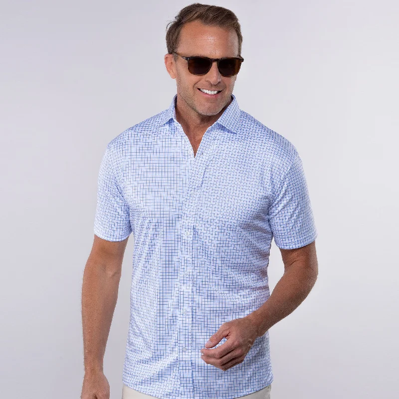 Crewneck Short Sleeve TopsQuattro Flex Short Sleeve Button Down Thin Blue Check