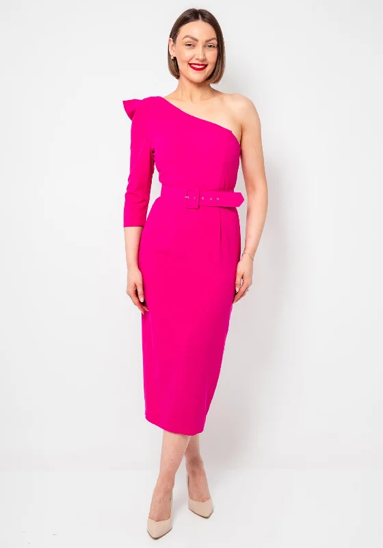 Moncho Heredia One Shoulder Belted Pencil Dress, Fuchsia