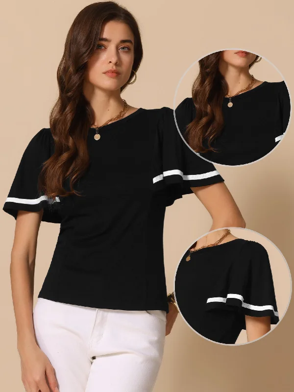 Boat Neck Short Sleeve TopsRuffle Short Sleeve Round Neck Casual Blouse