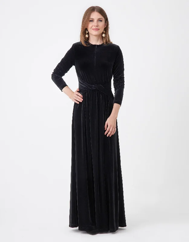 Velvet Zip Front Maxi Dress Shabbos Robe with Waist Twist