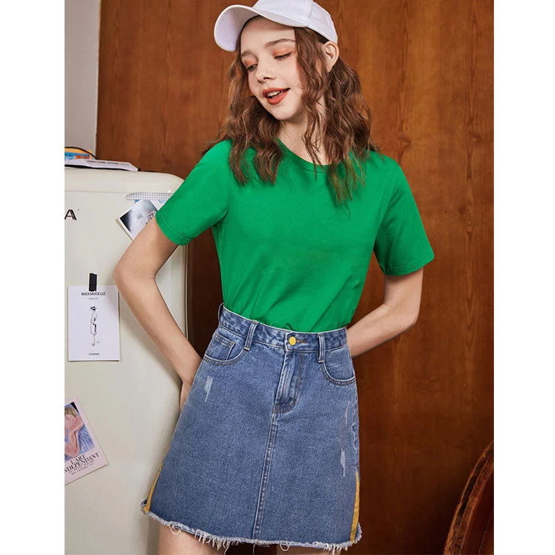 Organic Cotton Short Sleeve TopsCasual Solid O-neck Short Sleeve Tops Women Fashion Cotton Wild Loose Tees Summer Vintage Green Ladies Simple Soft T-shirts New