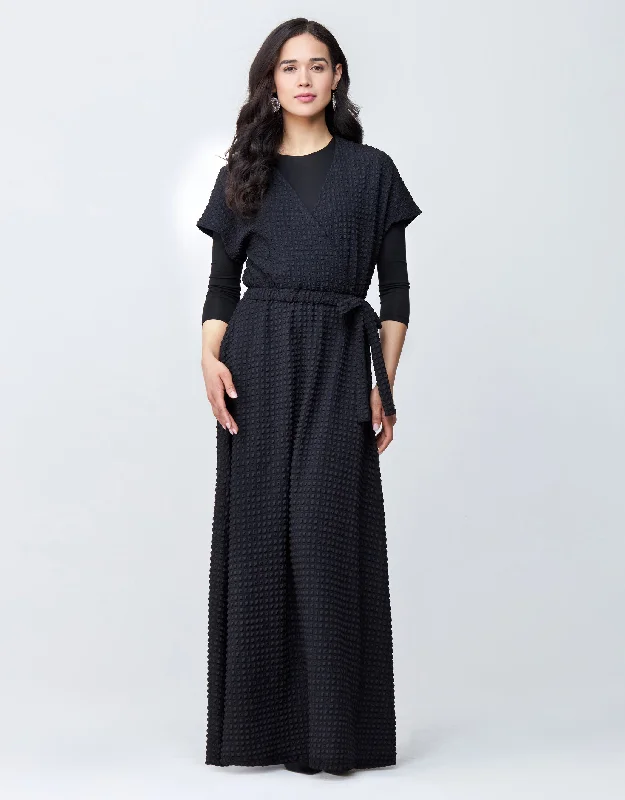 Satin Seersucker Lined Mock Wrap Maxi Dress Shabbos Robe with Self Tie Black