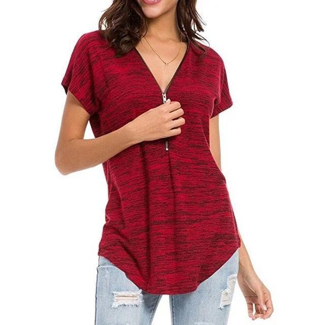 Quick-Dry Short Sleeve TopsCute Women Short Sleeve zipper Spring T shirts - Colored Cotton Ladies Deep V-Neck Feminine T Shirt - Summer Sexy Tops (TB2)(BT1)(F19)