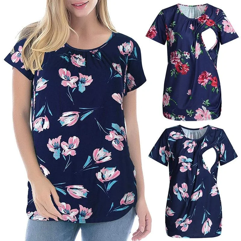 Urban Short Sleeve TopsSummer New Maternal Blouse - Flower Color Round Neck Short Sleeve - Breastfeeding Month Casual Feeding Clothes (Z1)