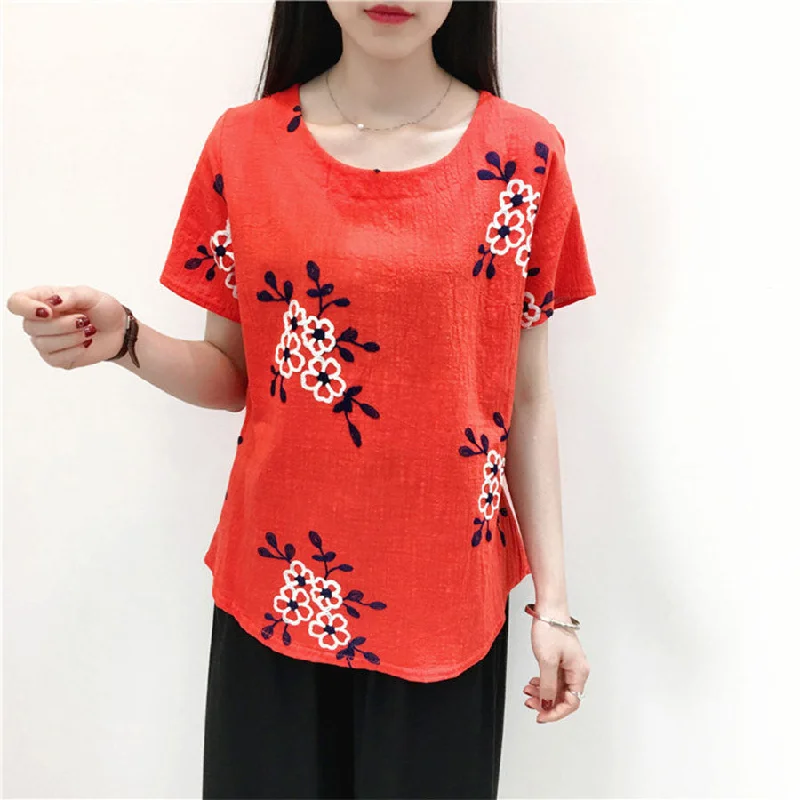 Recycled Fabric Short Sleeve TopsSolid O-neck Embroidery Summer Tops Women Casual Short Sleeve Floral Loose Tees Ladies Vintage Simple Wild T-shirts High Quality