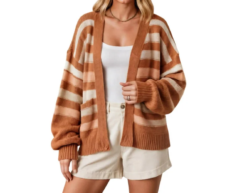 Beaded cardiganStriped Open-Front Cardigan With Ribbed Cuffs And Relaxed Fit In Brown