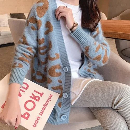 Tech cardiganElegant Cozy Knitting Cardigan - Women Leopard Sweater - Female Oversized Cardigan (TP4)(TB8C)