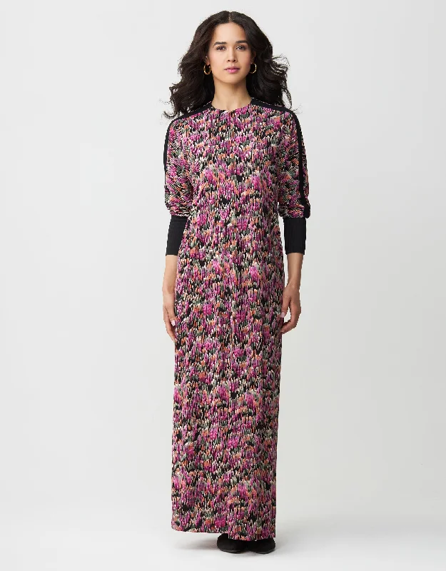 Zip Front Maxi Dress Shabbos Robe with Contrast Sleeve Trim Pink Multi