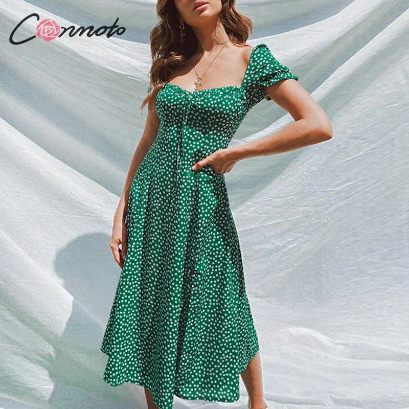 Conmoto 2019 Summer Vintage Party Dress Square Collar Ruffle Elegant Sexy Dress Beach Female Green Mid Dresses Vestidos