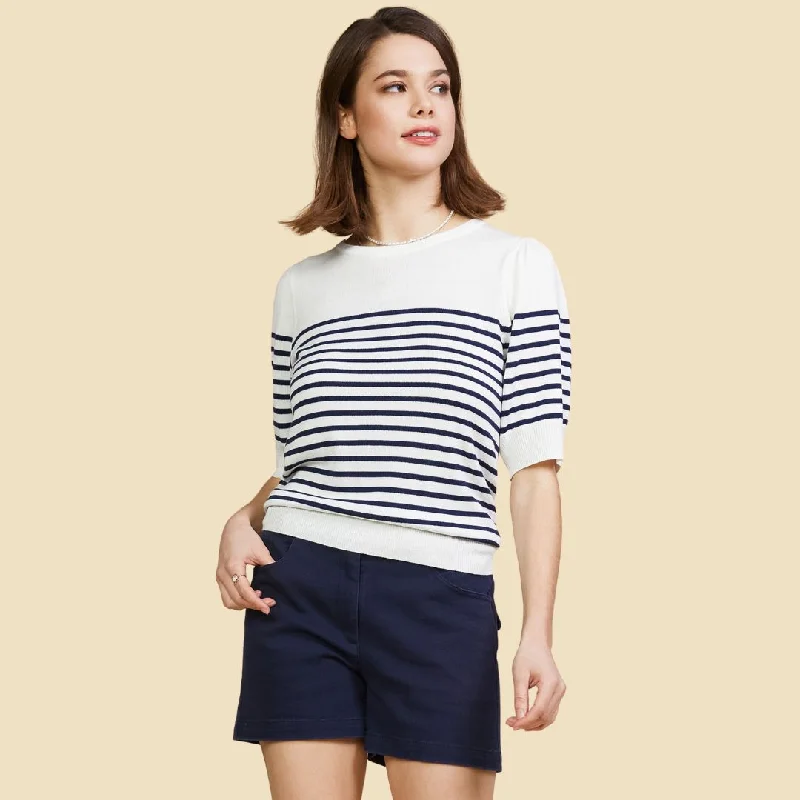 Logo Short Sleeve TopsKnit Stripe Short Sleeve Top (White Navy)