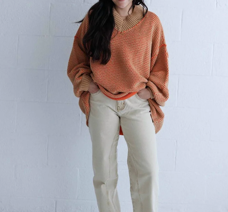 Maisie V Neck Sweater In Camel Tangerine ComboStreetwear Knit Tops