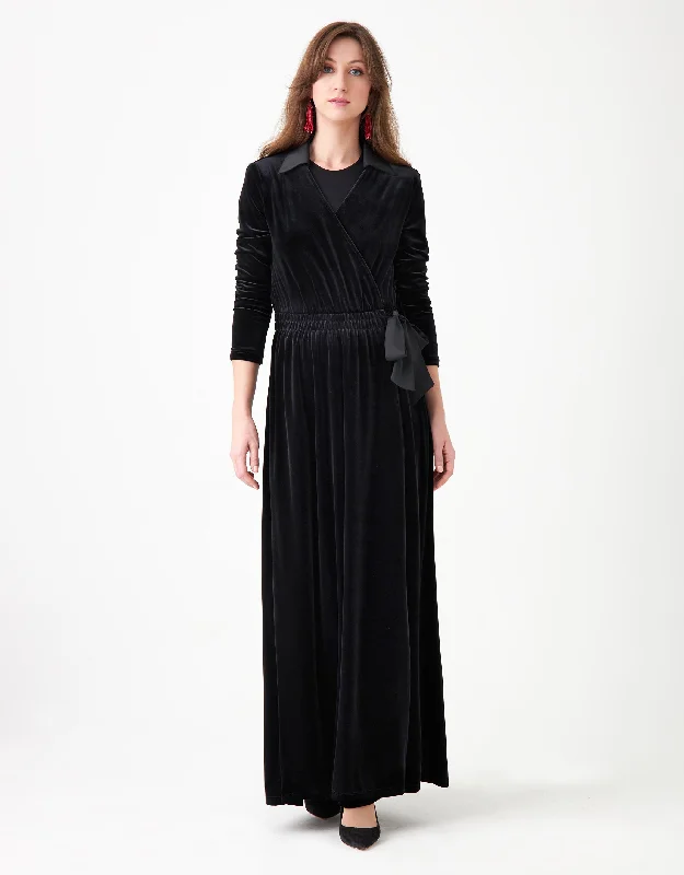 Mock Wrap Velvet Maxi Dress Shabbos Robe with Satin Collar and Tie