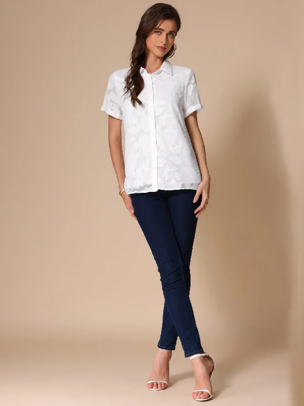 Branded Short Sleeve TopsLapel Collar Short Sleeve Button Down Textured Blouse