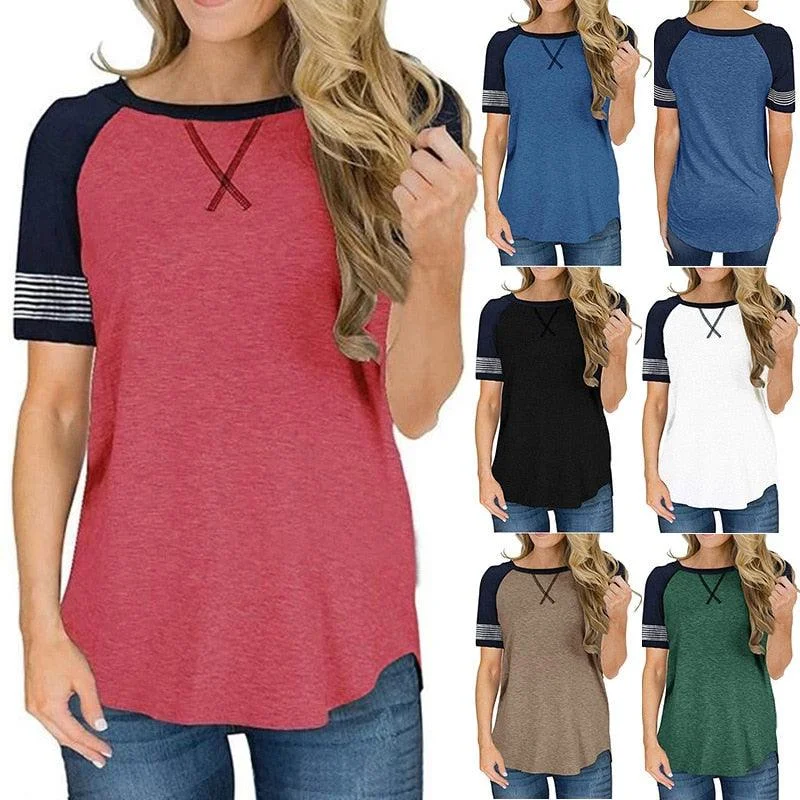 Compression Short Sleeve TopsBeautiful Women Summer O-Neck Short Sleeve Thin T shirts - Lady Loose Splice Stripe - Plus Size Embroidery Pattern Tops (TB2)(F19)