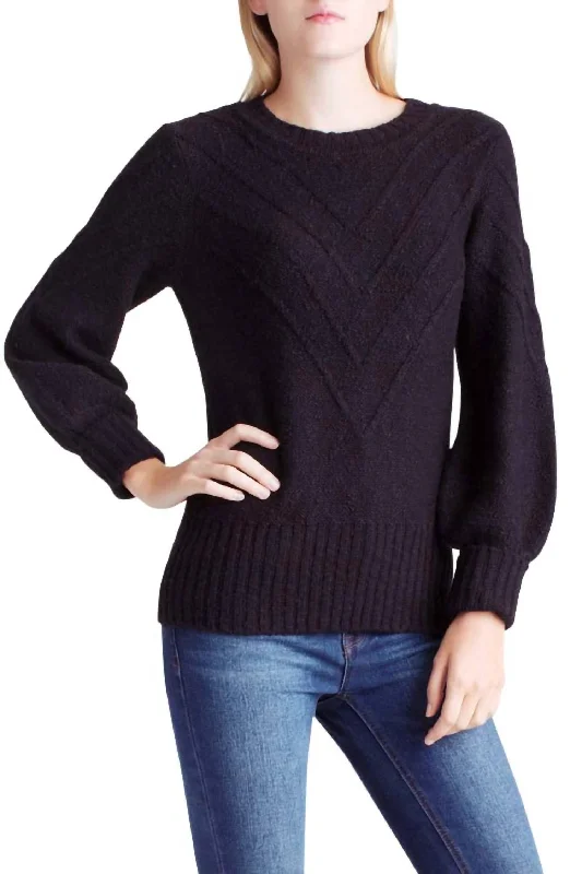 Variegated Cotton Blend Long Sleeve Sweater In BlackCollaborative Knit Tops