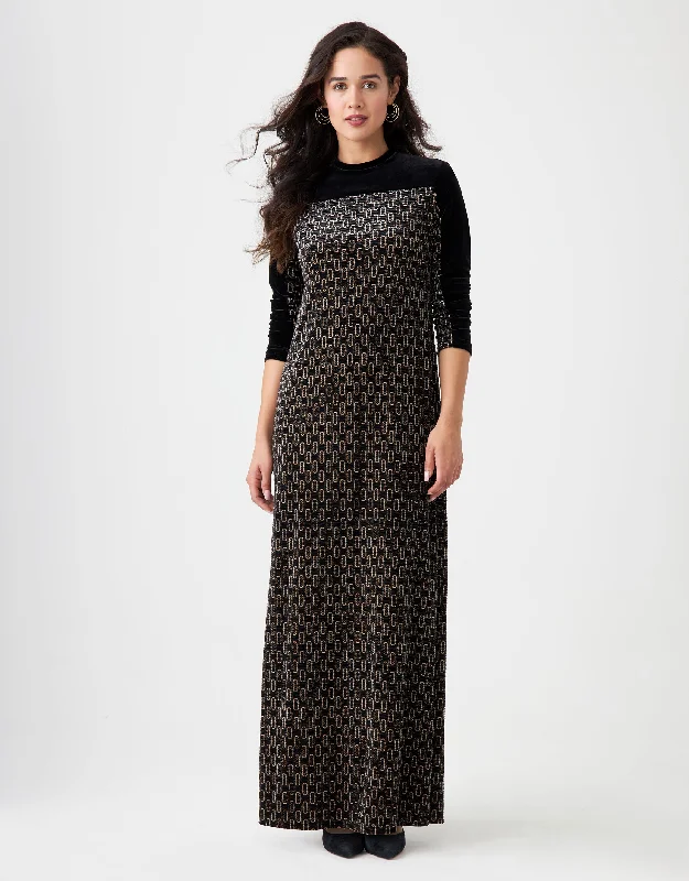 Textured Velvet Combination Maxi Dress Shabbos Robe Gold Print