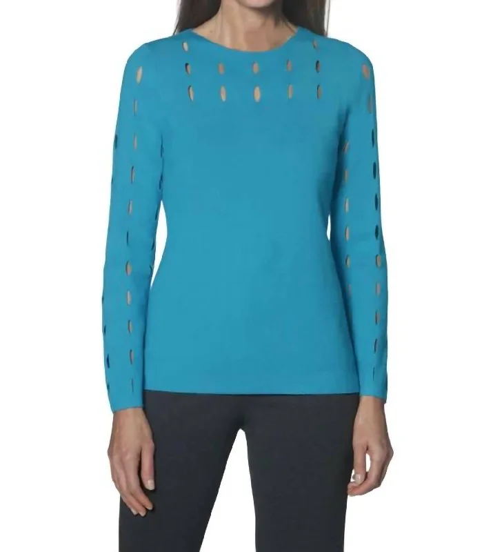 Cutout Jewelneck Top In PeacockRuffled Knit Tops