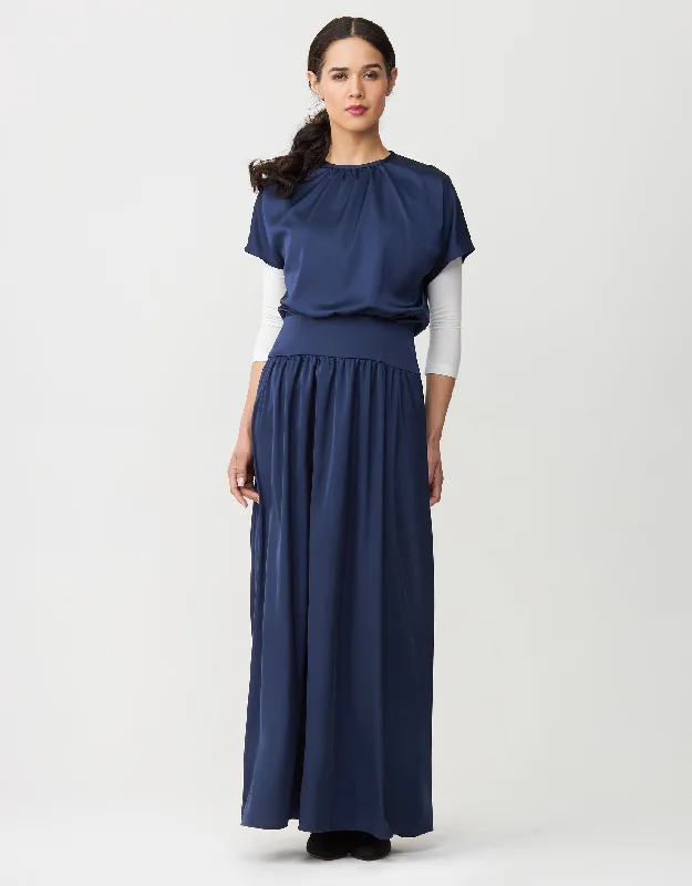 Satin Dropwaist Lined Maxi Dress Shabbos Robe with Back Tie Blue