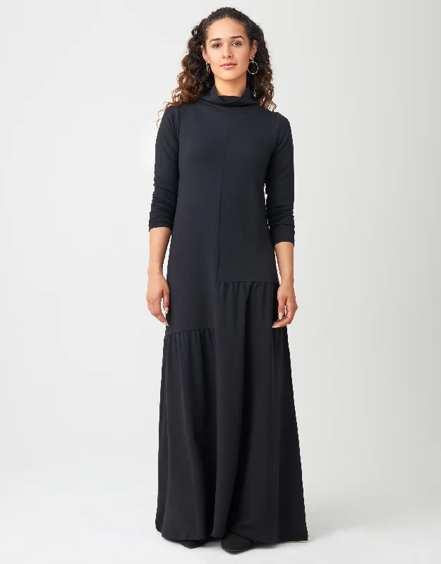 Jersey Knit Split Tiered Maxi Dress Shabbos Robe with Turtleneck Black