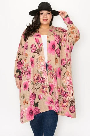 Office cardiganBeige Pink Floral Open Front Cardigan