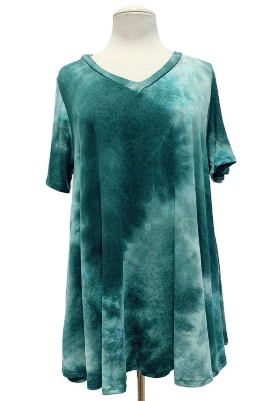 Vintage Short Sleeve TopsGreen Tie Dye V Neck Short Sleeves