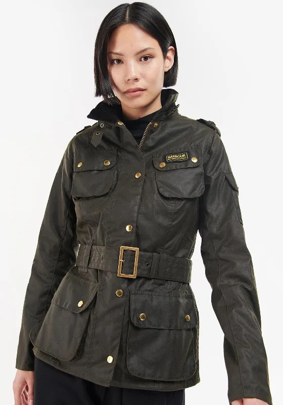 Barbour International Womens Belted Wax Jacket, OliveMotorcycle Jackets