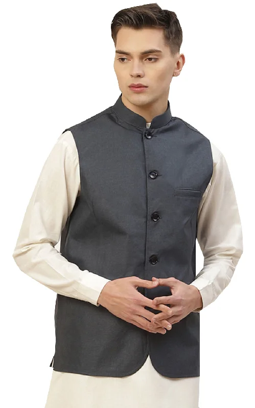 Classic Formal Nehru Jacket for Men with Mandarin Collar in Cotton (Blue)Fleece Jackets