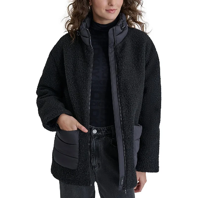 DKNY Womens Faux Shearling Pockets Fleece JacketFestival Jackets