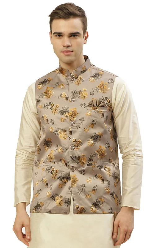 Elegant Floral Nayroo Jacket for Men with Mandarin Collar (Brown-Gold)Pea Coats