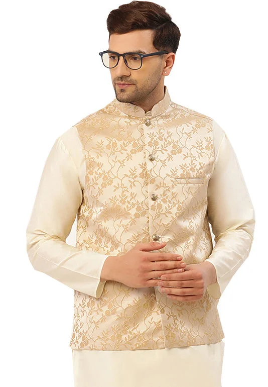 Exquisite Nehru Jacket for Men - Elegant Floral Design (Beige)Motorcycle Jackets